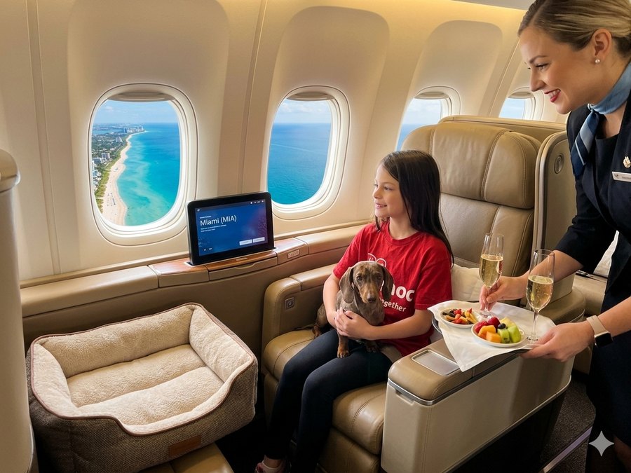 Irene flying first class with her dachshund, Miami Beach out the window