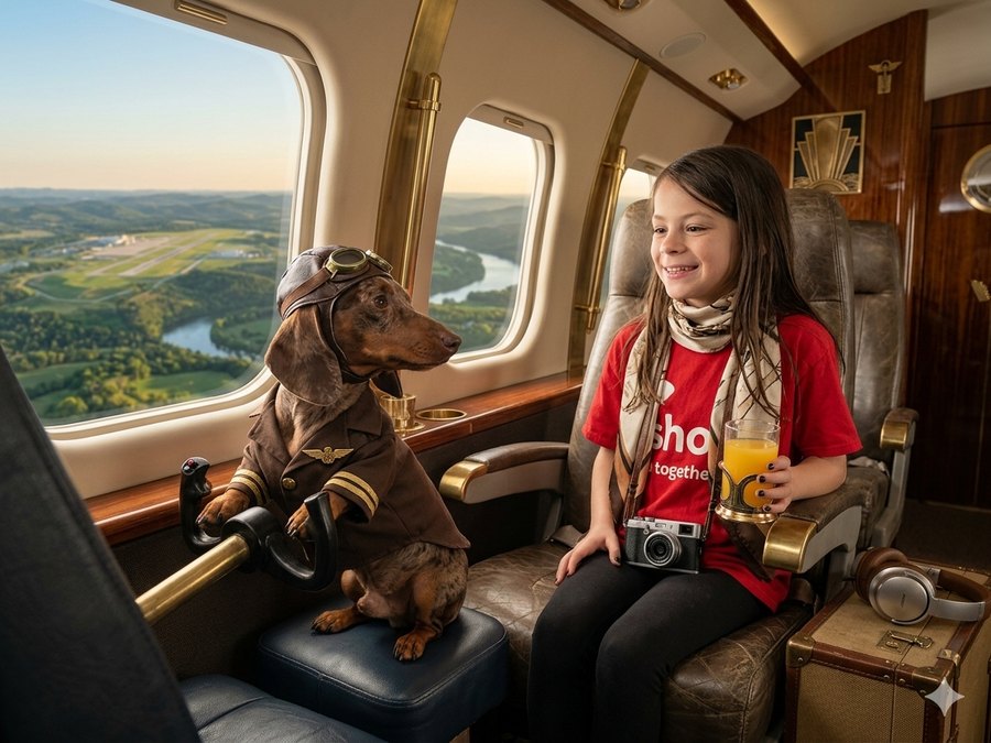 Wallen the dachshund in an aviator cap flying the plane while Irene relaxes with juice